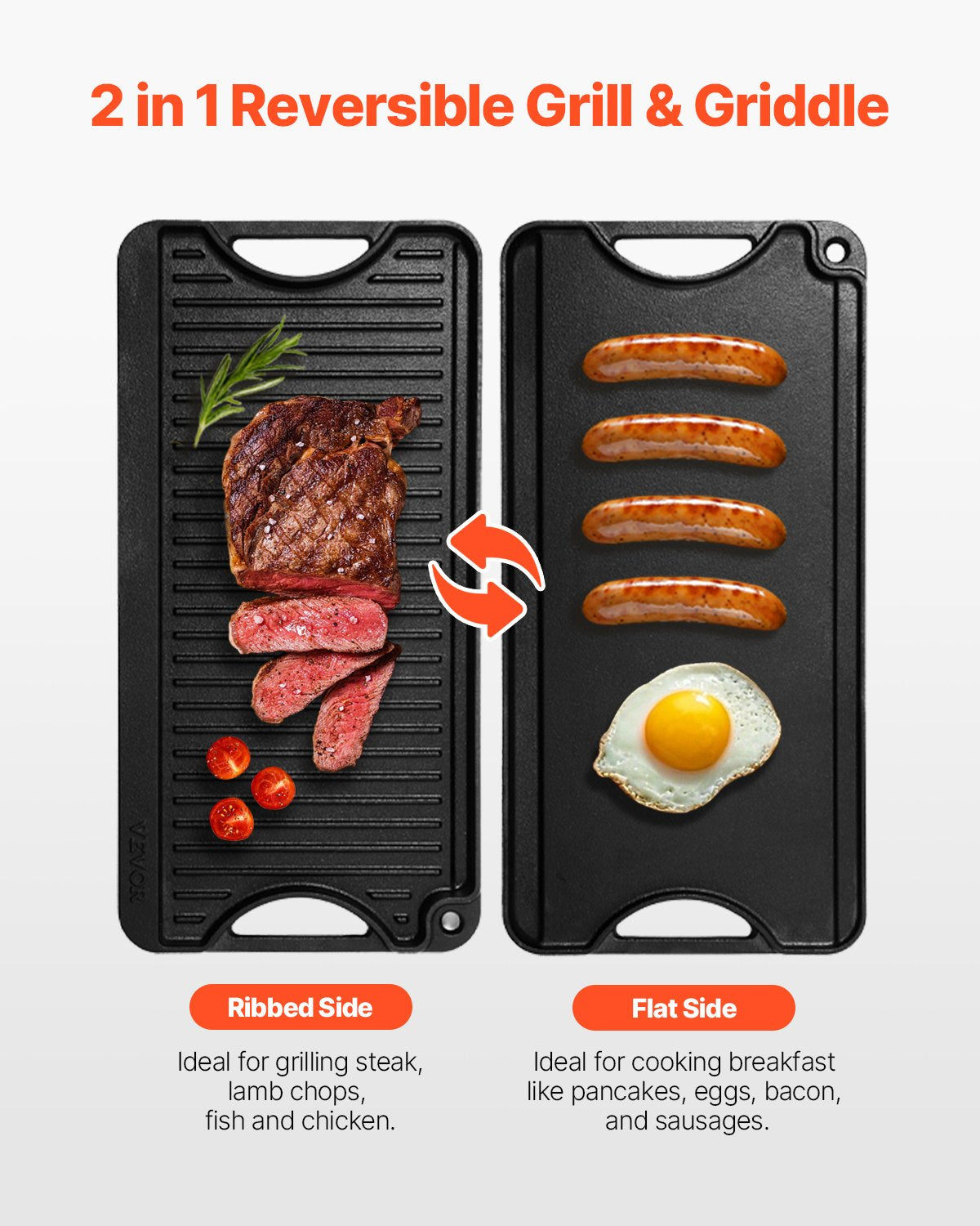 Reversible Grill/Griddle, 20x10 inch Pre-Seasoned Cast Iron Griddle, Portable Rectangular Pan with Handle, V952-SMJP2010INCHFUIXPV0