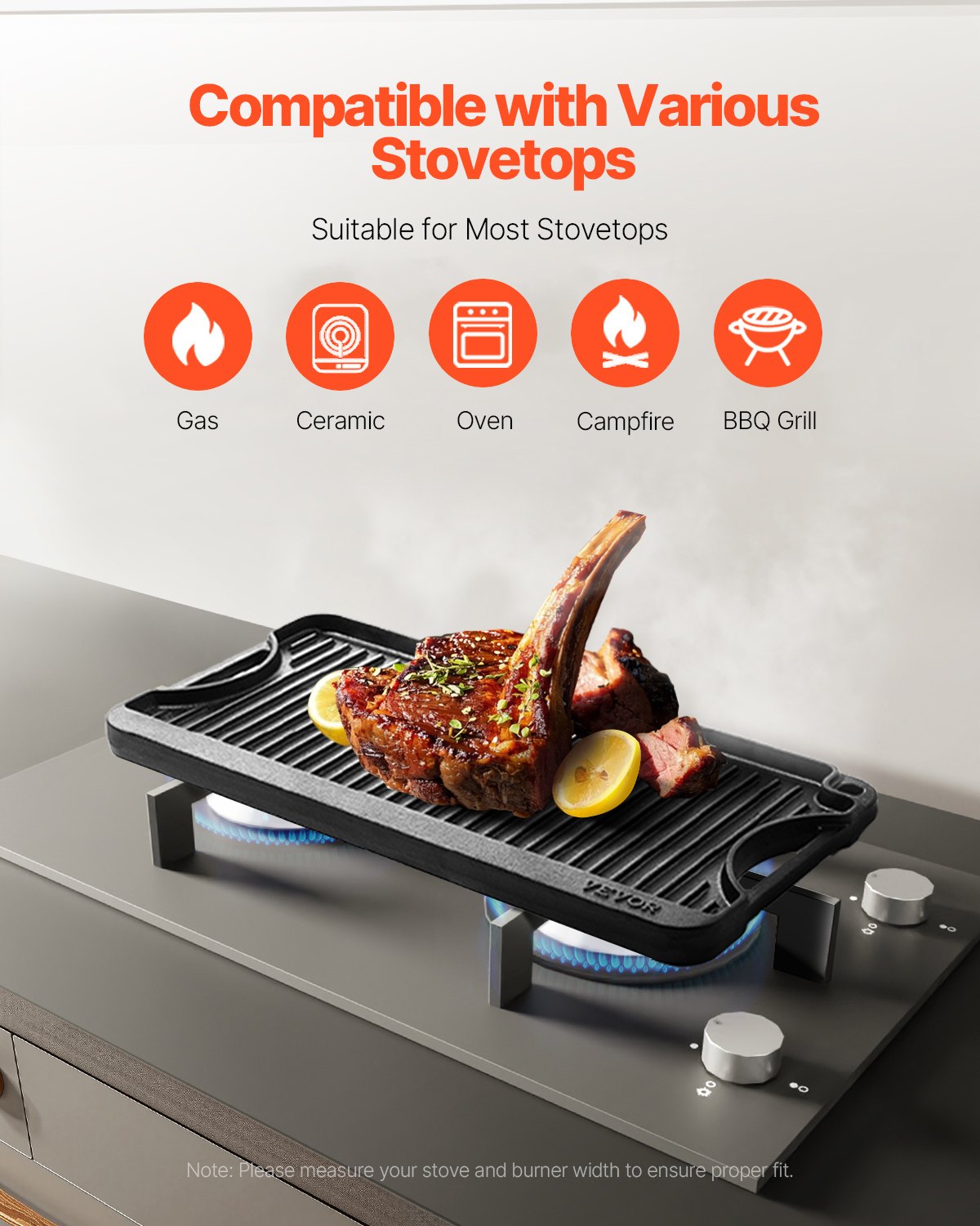 Reversible Grill/Griddle, 20x10 inch Pre-Seasoned Cast Iron Griddle, Portable Rectangular Pan with Handle, V952-SMJP2010INCHFUIXPV0