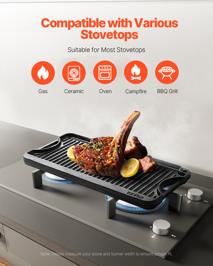 Reversible Grill/Griddle, 20x10 inch Pre-Seasoned Cast Iron Griddle, Portable Rectangular Pan with Handle, V952-SMJP2010INCHFUIXPV0