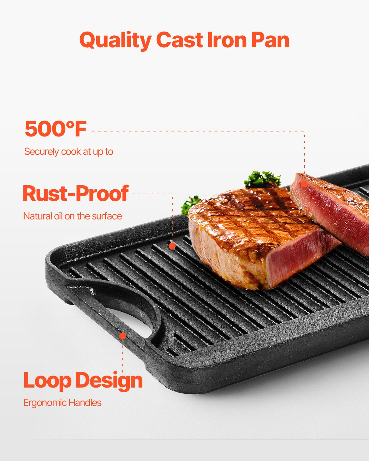 Reversible Grill/Griddle, 20x10 inch Pre-Seasoned Cast Iron Griddle, Portable Rectangular Pan with Handle, V952-SMJP2010INCHFUIXPV0