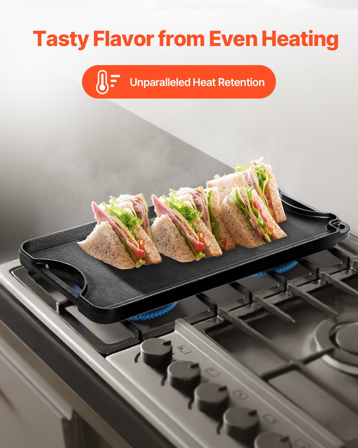 Reversible Grill/Griddle, 20x10 inch Pre-Seasoned Cast Iron Griddle, Portable Rectangular Pan with Handle, V952-SMJP2010INCHFUIXPV0
