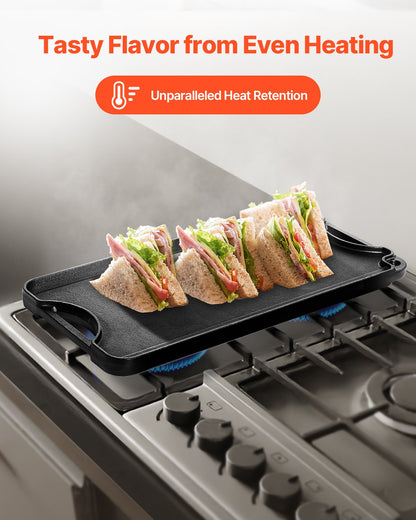 Reversible Grill/Griddle, 20x10 inch Pre-Seasoned Cast Iron Griddle, Portable Rectangular Pan with Handle, V952-SMJP2010INCHFUIXPV0