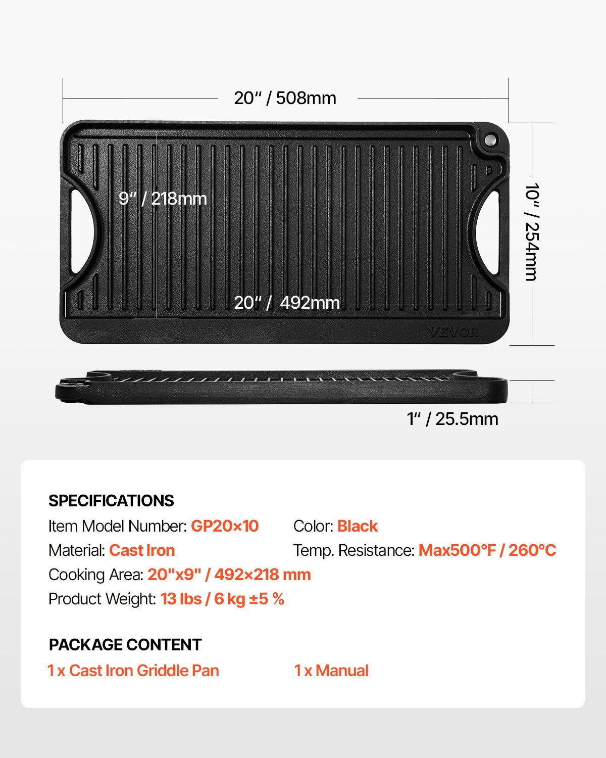 Reversible Grill/Griddle, 20x10 inch Pre-Seasoned Cast Iron Griddle, Portable Rectangular Pan with Handle, V952-SMJP2010INCHFUIXPV0