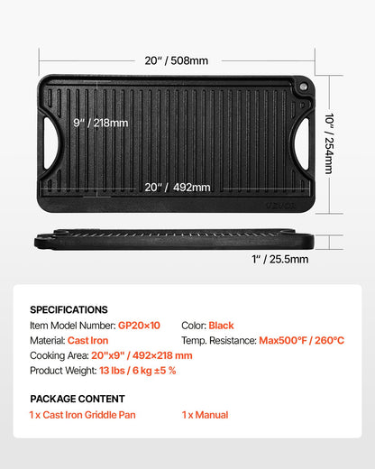 Reversible Grill/Griddle, 20x10 inch Pre-Seasoned Cast Iron Griddle, Portable Rectangular Pan with Handle, V952-SMJP2010INCHFUIXPV0