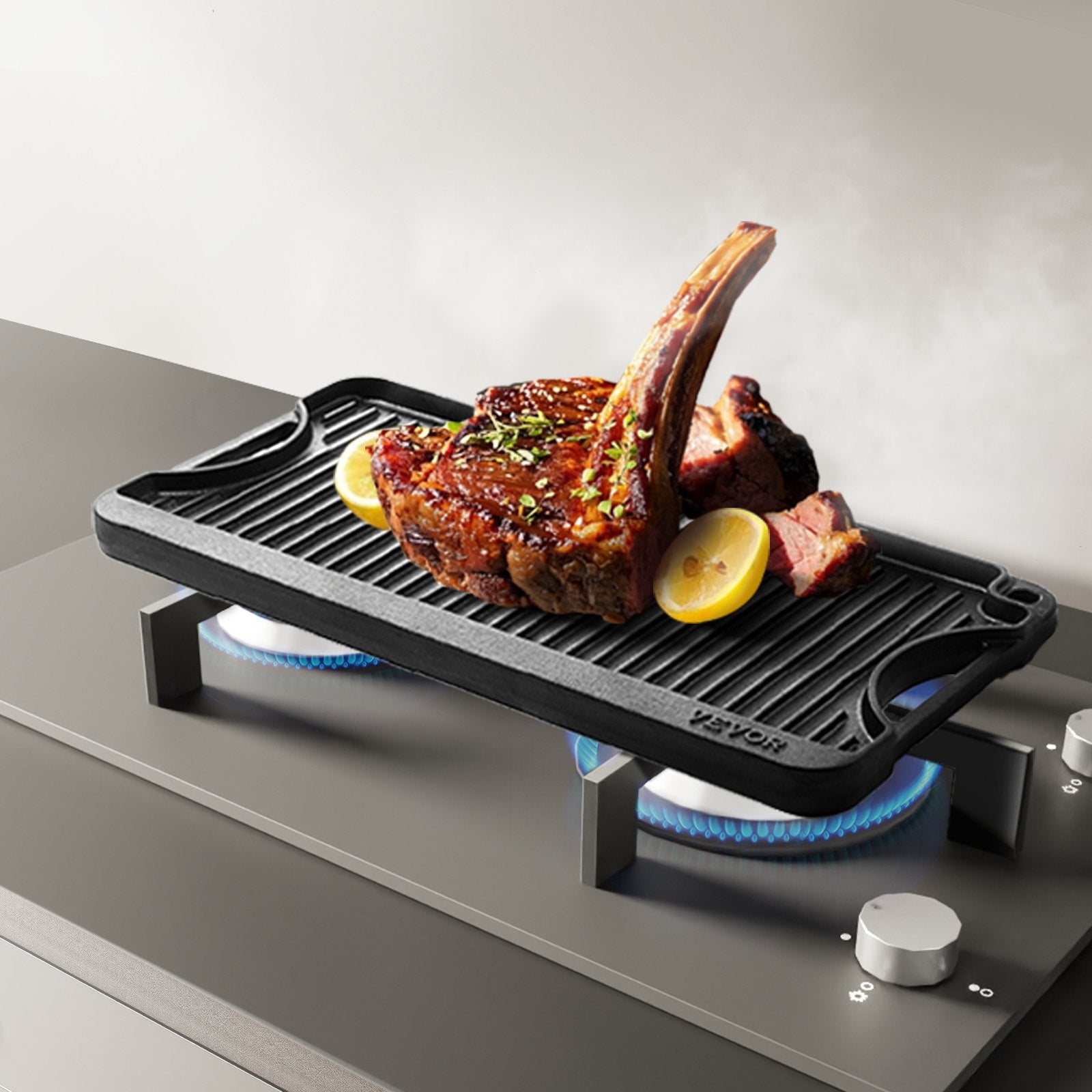 Reversible Grill/Griddle, 20x10 inch Pre-Seasoned Cast Iron Griddle, Portable Rectangular Pan with Handle, V952-SMJP2010INCHFUIXPV0