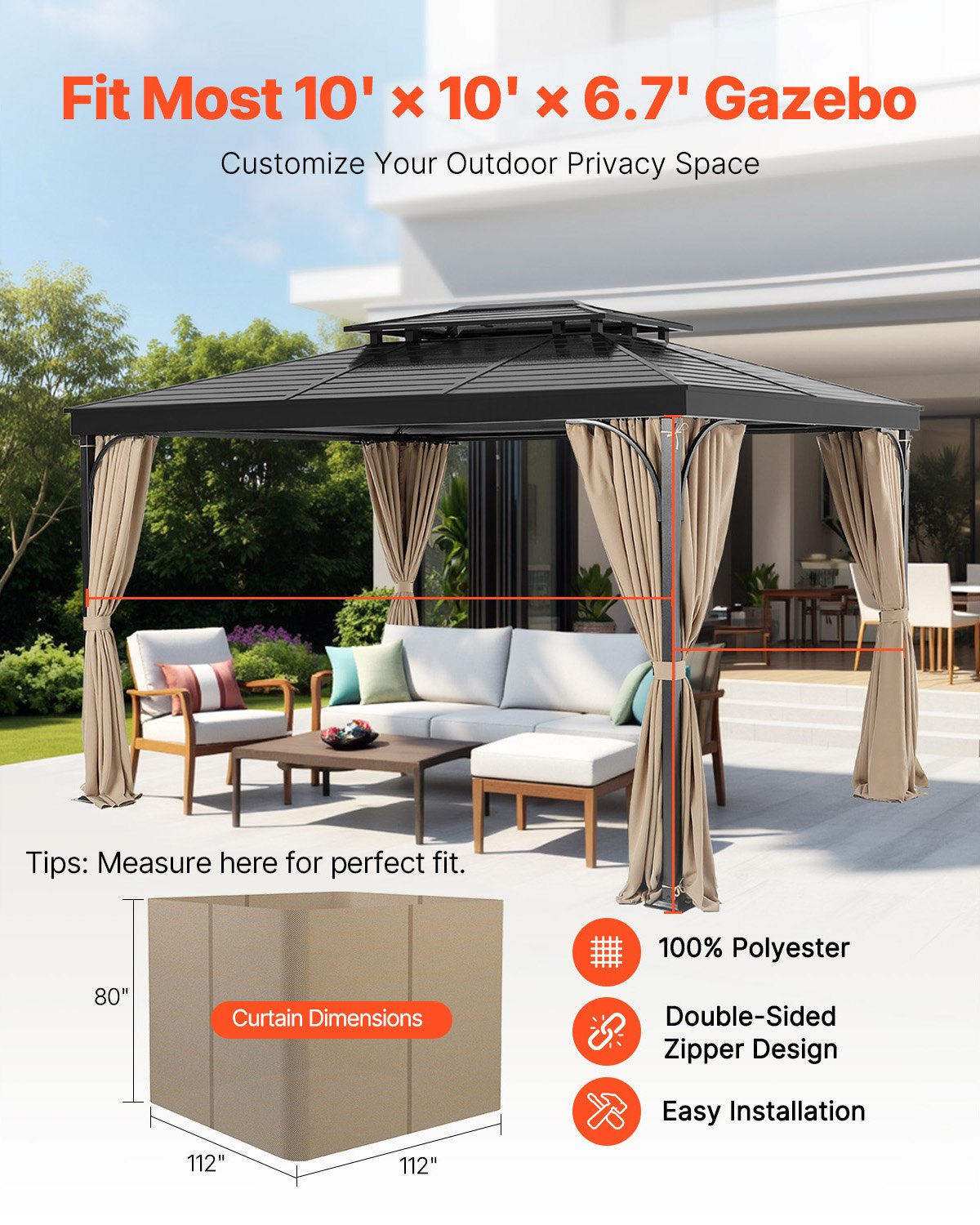 Gazebo Curtains Outdoor, Fit Most 10' x 10' x 6.7' Gazebos, 4-Panel Sidewall Gazebo Privacy Curtains with V952-SMLTCL10FT10EG66KV0