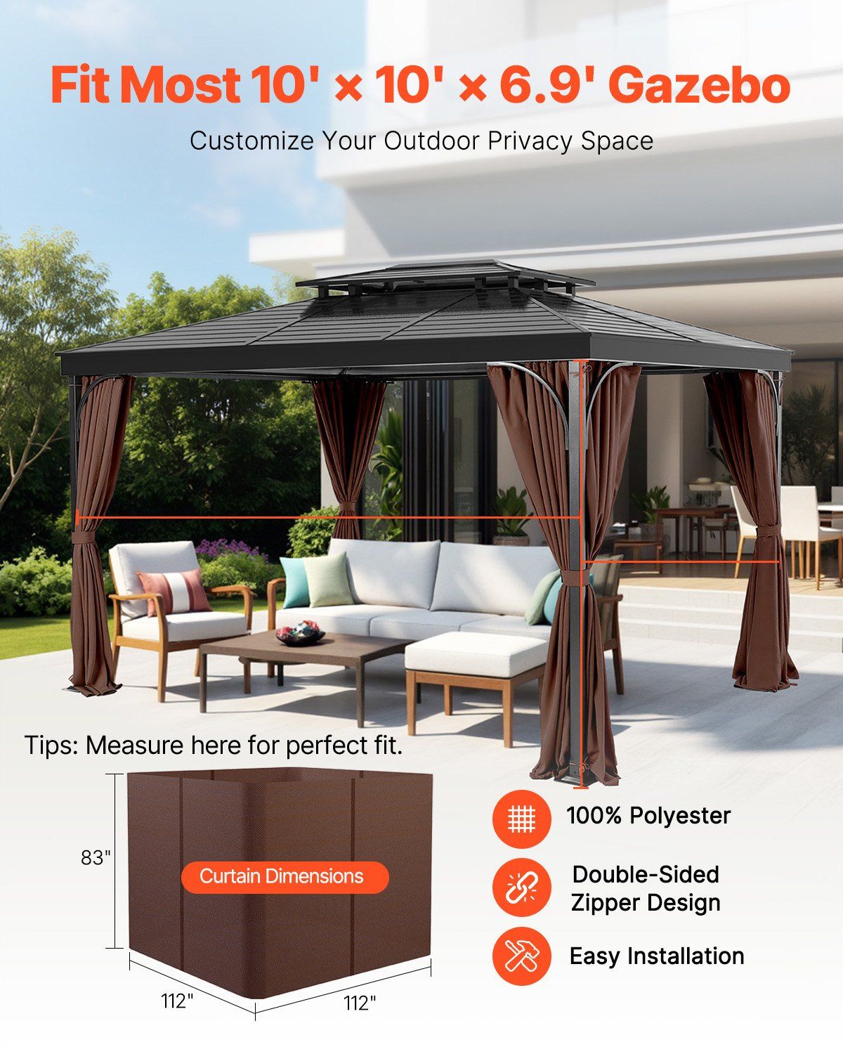 Gazebo Curtains Outdoor, Fit Most 2840 x 2840 x 2110 mm Gazebos, 4-Panel Sidewall Gazebo Privacy Curtains V952-SMLTCL10FT10KOIO4V0