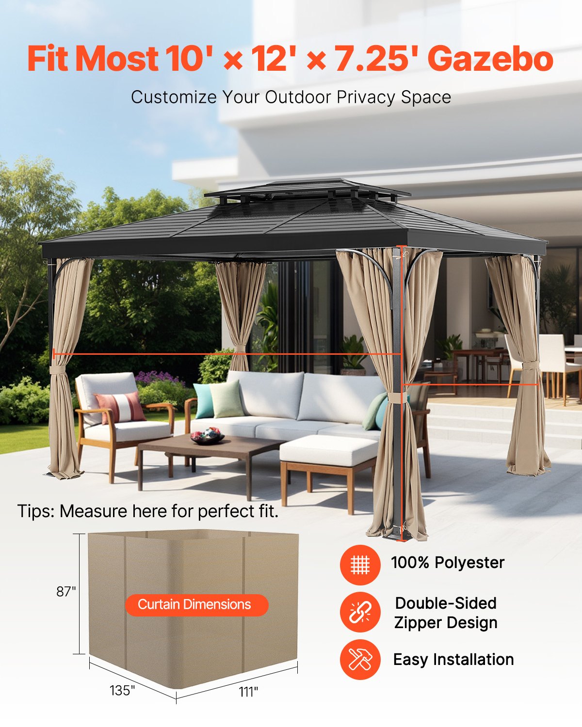 Gazebo Curtains Outdoor, 12' x 10' x 7.3' Gazebos, 4-Panel Sidewall Gazebo Privacy Curtains with Zippers, V952-SMLTCL12FT10QF3IIV0
