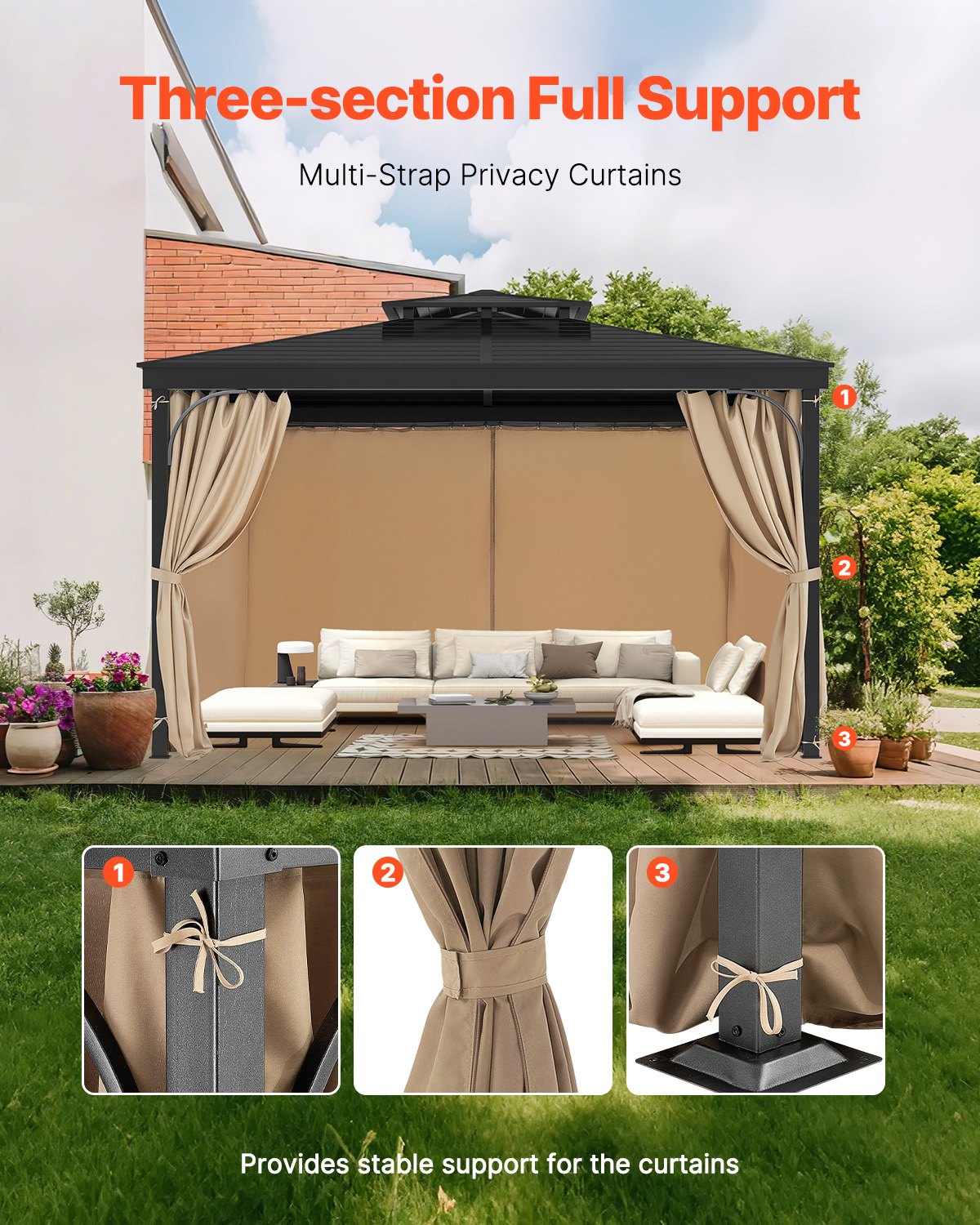 Gazebo Curtains Outdoor, 12' x 10' x 7.3' Gazebos, 4-Panel Sidewall Gazebo Privacy Curtains with Zippers, V952-SMLTCL12FT10QF3IIV0