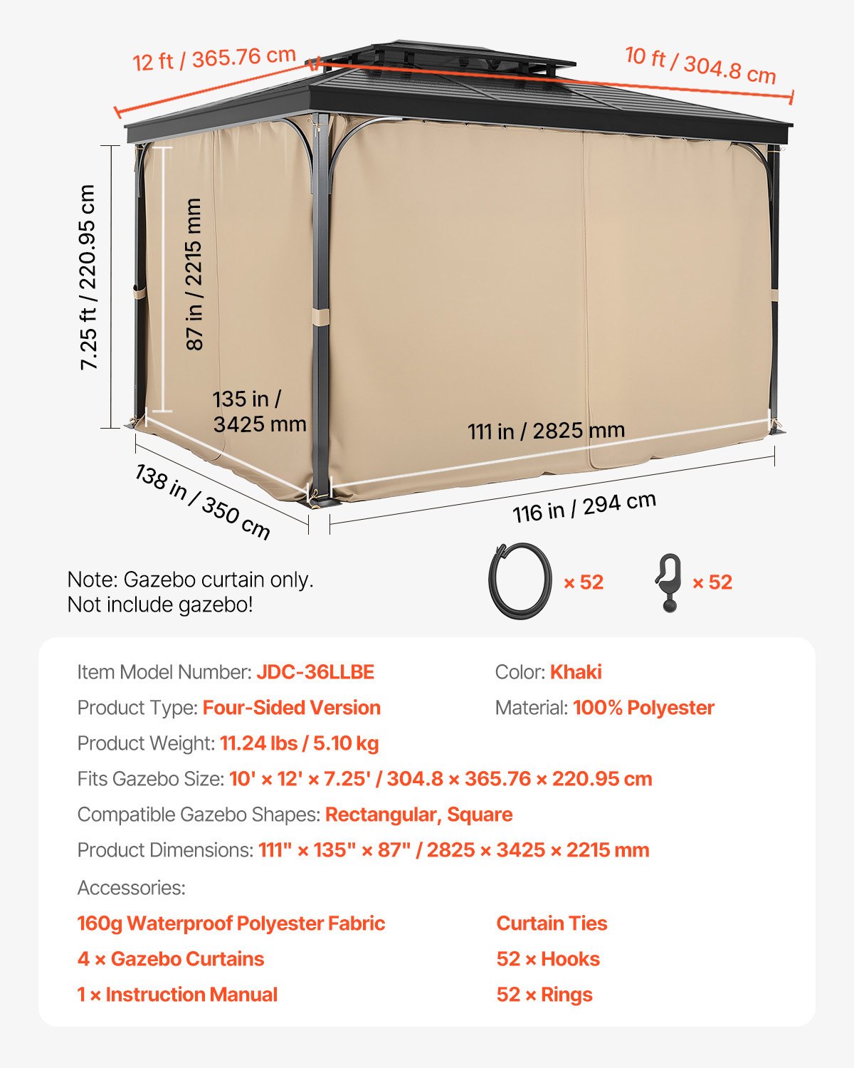 Gazebo Curtains Outdoor, 12' x 10' x 7.3' Gazebos, 4-Panel Sidewall Gazebo Privacy Curtains with Zippers, V952-SMLTCL12FT10QF3IIV0