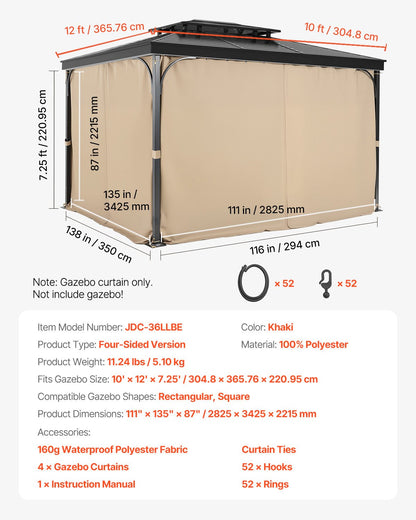 Gazebo Curtains Outdoor, 12' x 10' x 7.3' Gazebos, 4-Panel Sidewall Gazebo Privacy Curtains with Zippers, V952-SMLTCL12FT10QF3IIV0