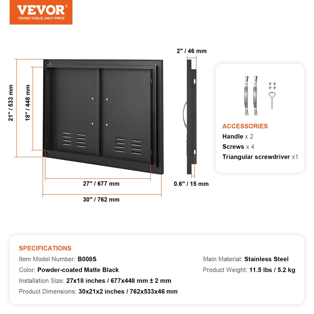 BBQ Access Door,762 x533 mm Double Outdoor Kitchen Door, Cold Plate Flush Mount Door, Wall Vertical Door with V952-SMMBSCJMHS30RL2L0V0
