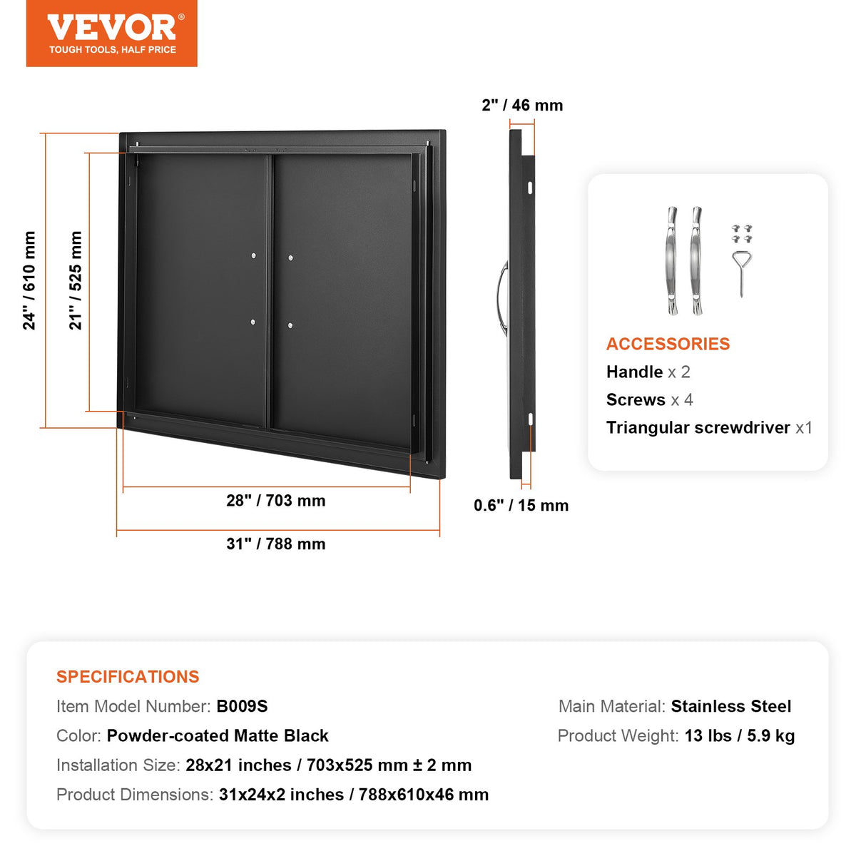 BBQ Access Door, 788x610 mm Double Outdoor Kitchen Door, Cold Plate Flush Mount Door, Wall Vertical Door with V952-SMMBSCJMHS31CL51JV0