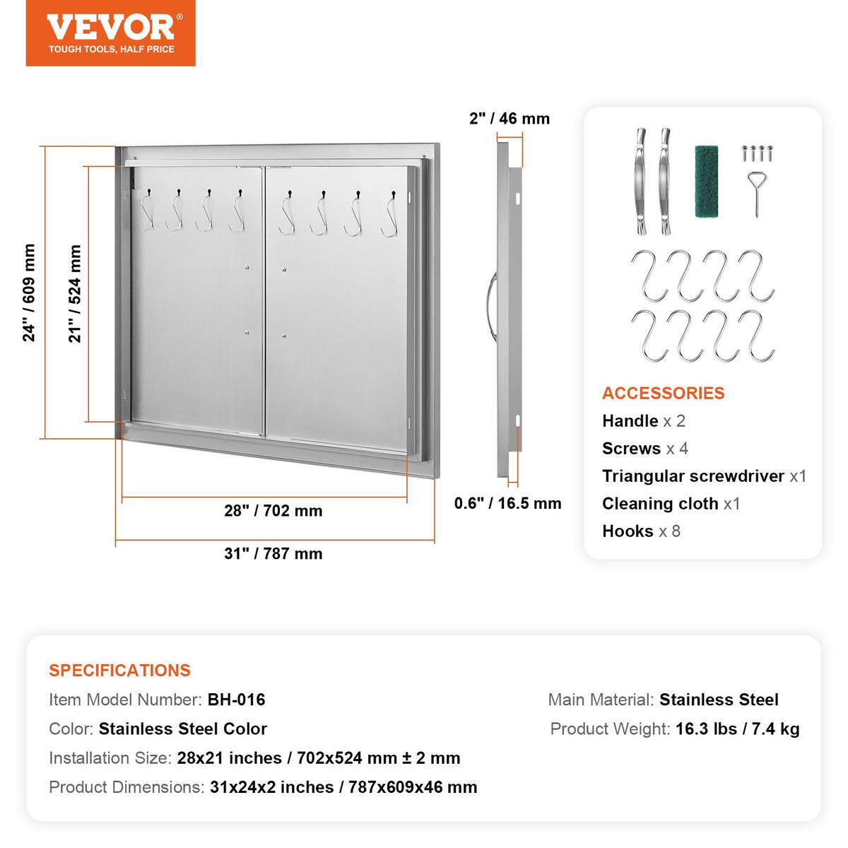 BBQ Access Door, 787x609 mm Double Outdoor Kitchen Door, Stainless Steel Flush Mount Door, Double Wall V952-SMMBSCJMYS31IPP30V0