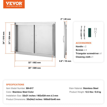 BBQ Access Door, 889x610 mm Double Outdoor Kitchen Door, Stainless Steel Flush Mount Door, Wall Vertical Door V952-SMMBSCJMYS35KPSP8V0