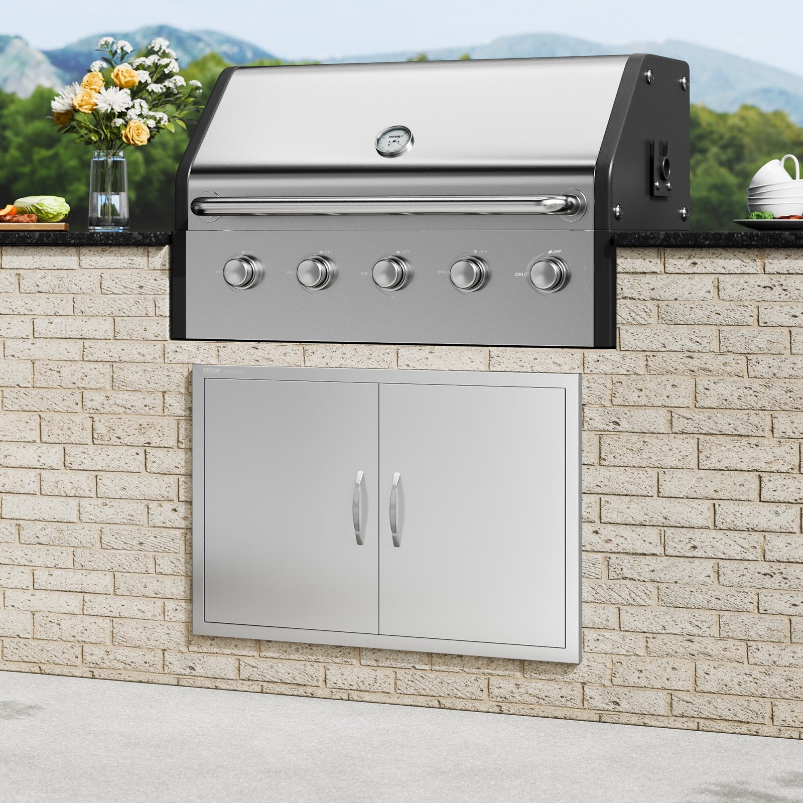 BBQ Access Door, 889x610 mm Double Outdoor Kitchen Door, Stainless Steel Flush Mount Door, Wall Vertical Door V952-SMMBSCJMYS35KPSP8V0