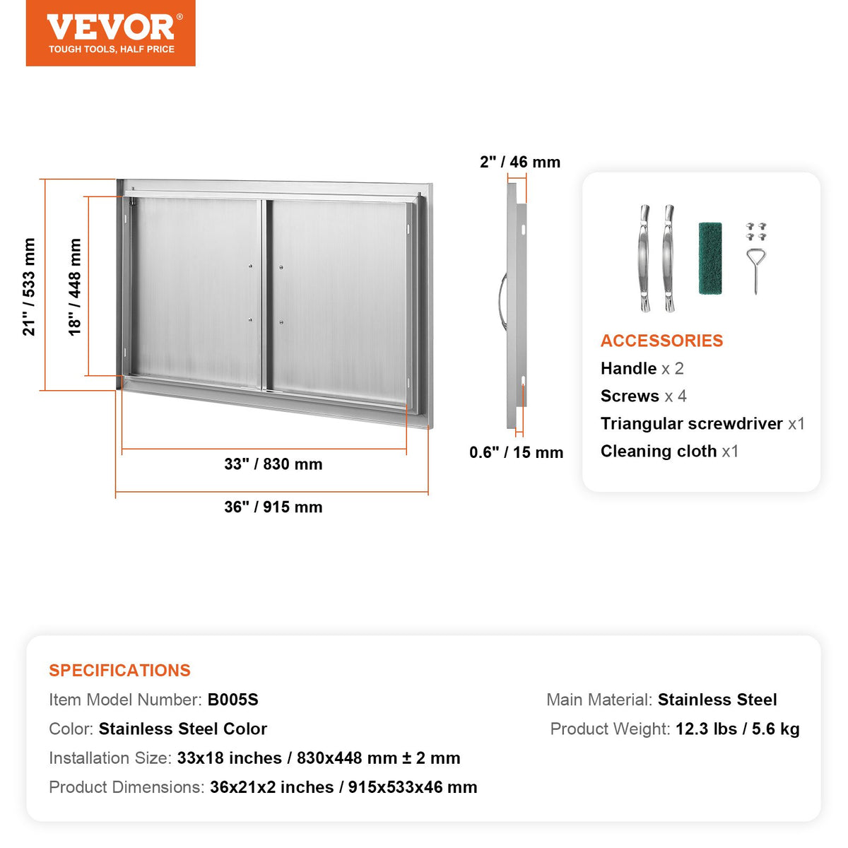 BBQ Access Door, 915x533 mm Double Outdoor Kitchen Door, Stainless Steel Flush Mount Door, Wall Vertical Door V952-SMMBSCJMYS36GACHDV0