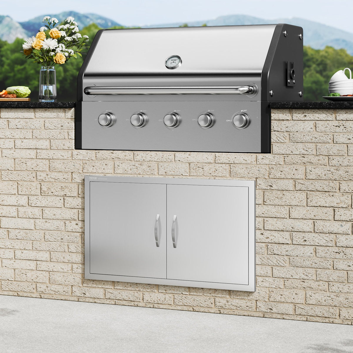 BBQ Access Door, 915x533 mm Double Outdoor Kitchen Door, Stainless Steel Flush Mount Door, Wall Vertical Door V952-SMMBSCJMYS36GACHDV0