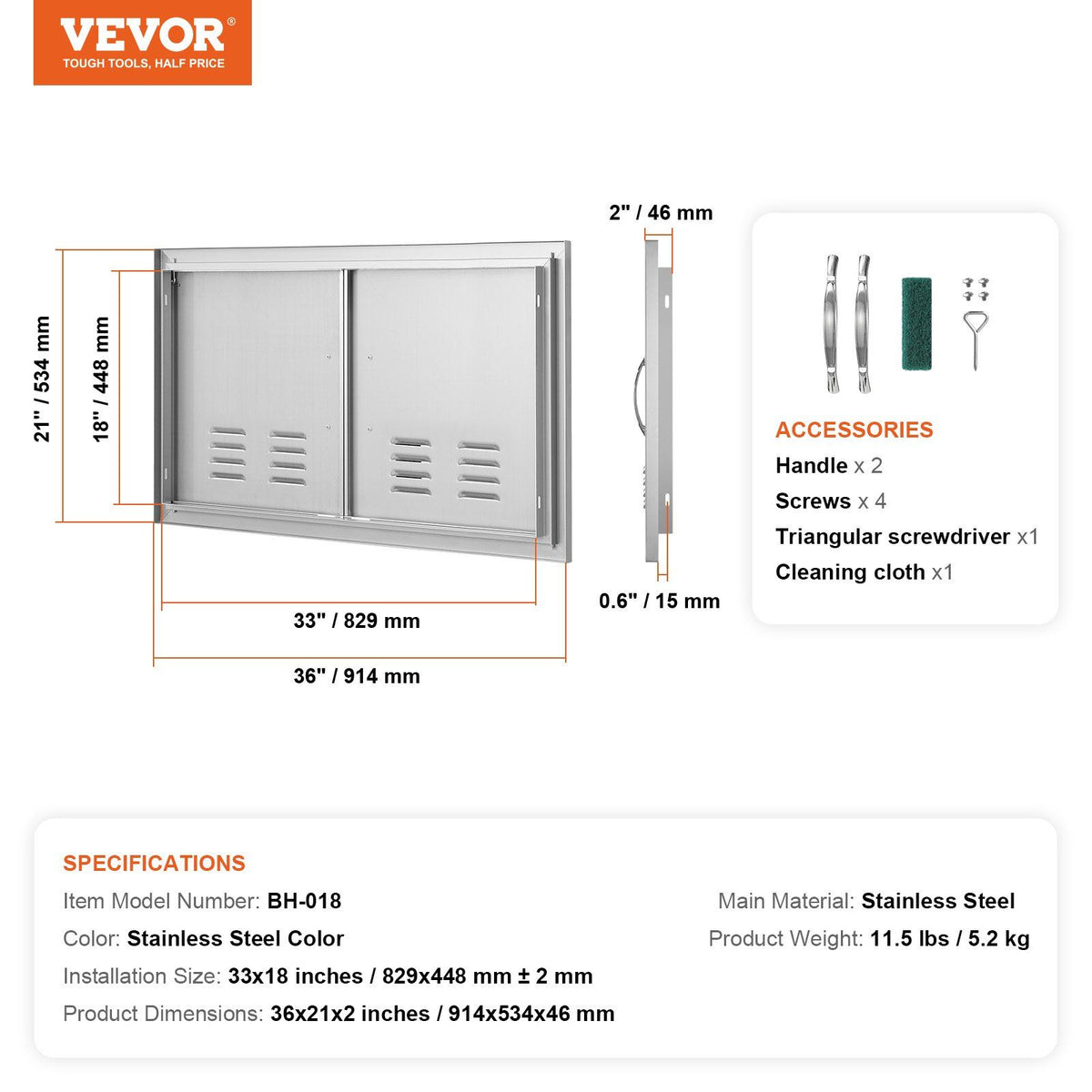 BBQ Access Door, 914x534 mm Double Outdoor Kitchen Door, Stainless Steel Flush Mount Door, Wall Vertical Door V952-SMMBSCJMYS36I3IIAV0