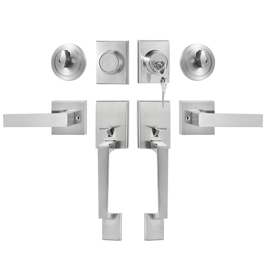 Double Door Handle Set, Satin Nickel Square Door Lever, Heavy Duty Double Front Door Handle Set with Dummy, V952-SMSBDMNDSFXLP6JSTV0