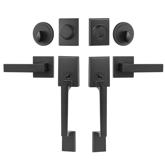 Double Door Handle Set, Matte Black Square Door Lever, Heavy Duty Double Front Door Handle Set with Dummy, V952-SMSBYGHDSFXLKVAWEV0