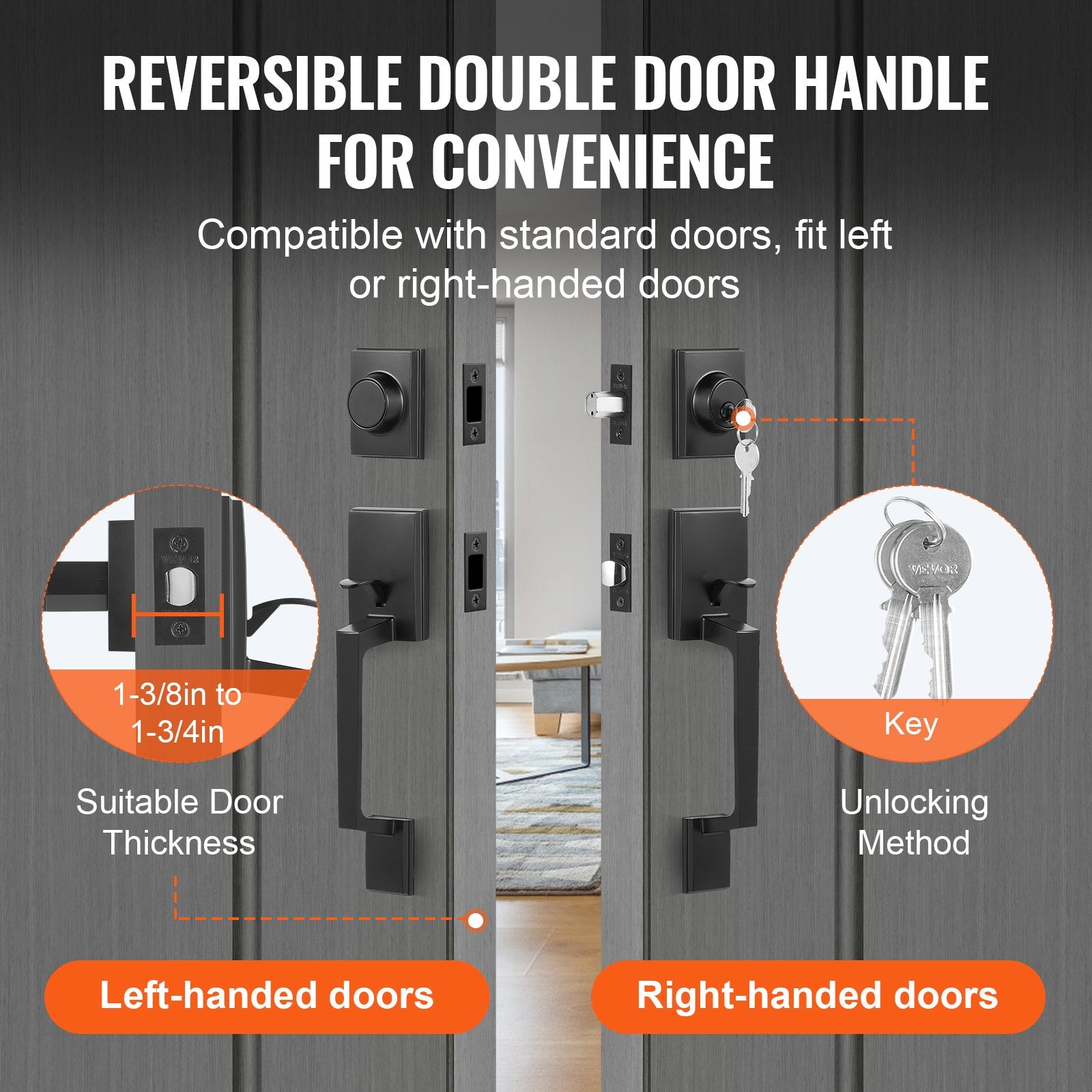 Double Door Handle Set, Matte Black Square Door Lever, Heavy Duty Double Front Door Handle Set with Dummy, V952-SMSBYGHDSFXLKVAWEV0