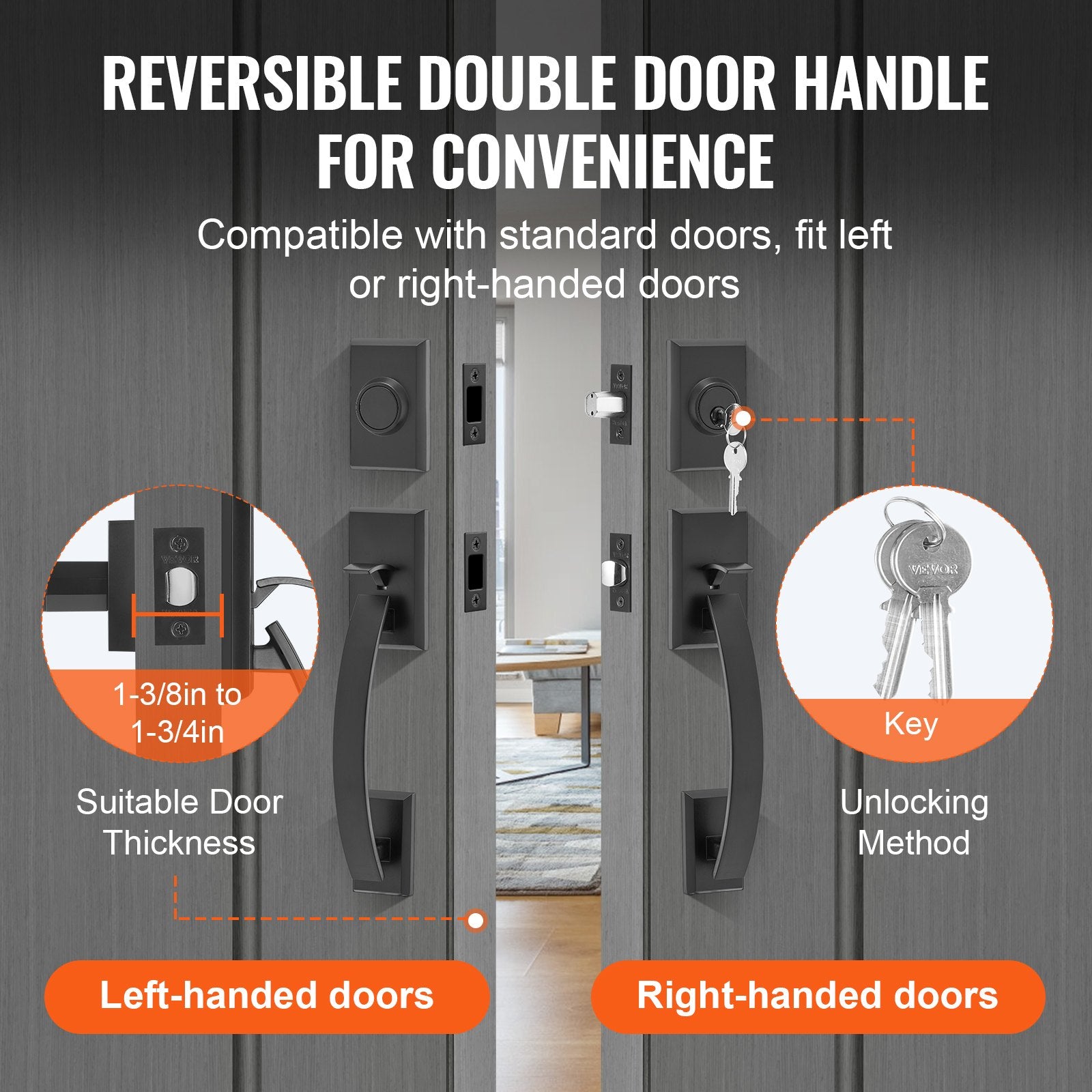 Double Door Handle Set, Matte Black Arched Door Lever, Double Front Door Handle Set with Reversible Handle V952-SMSBYGHDSHXLZ8LO2V0