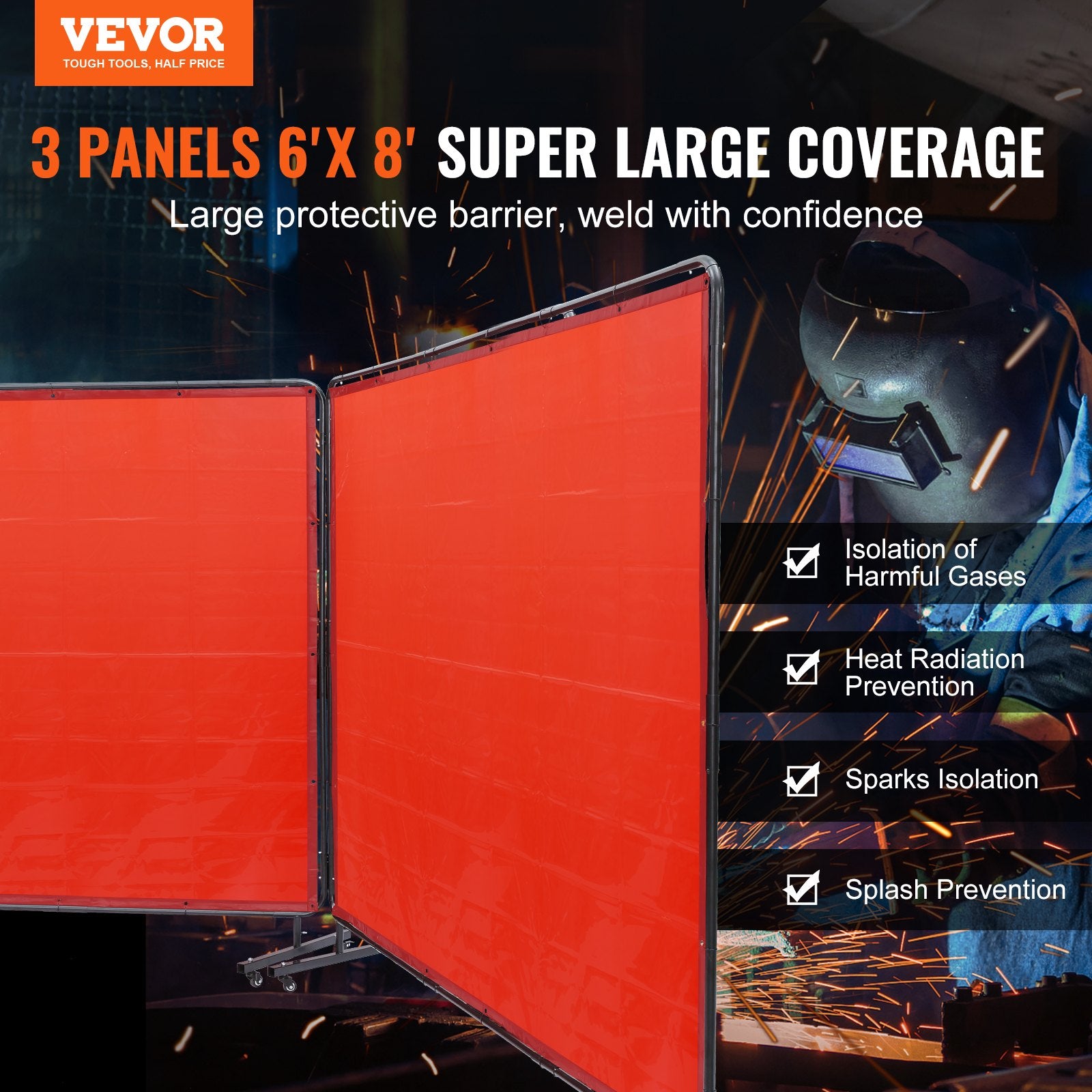 Welding Screen with Frame 3 Panel 6' x 8' Welding Curtain Screen 12 Wheels V952-SMSHJPF6X8YCP2QHUV0