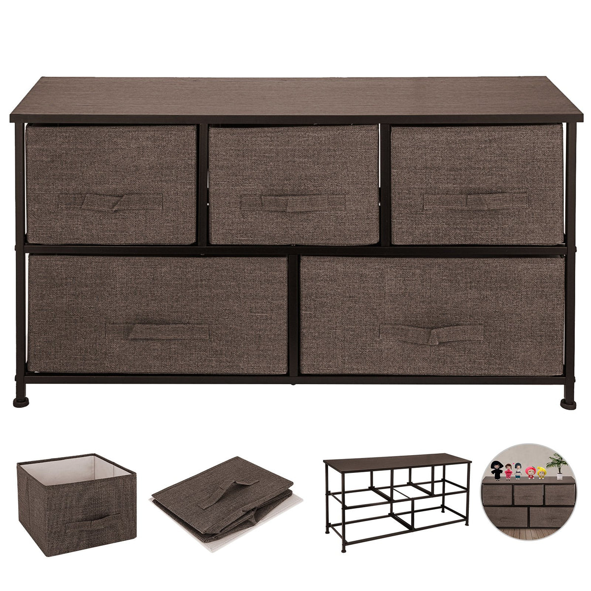 Dresser Storage Tower with 5 Fabric Drawer Steel Frame Storage Cabinet Bin Storage Organizer Unit Fabric Cube V952-SNGECKFS000000001V0