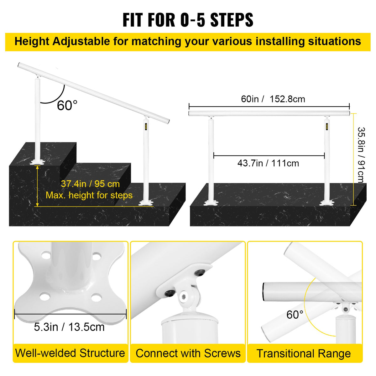 Outdoor Stair Railing Kit, 5 FT Handrails 0-5 Steps, Adjustable Angle White Aluminum Stair Hand Rail for The V952-SNLZSLZYGL5FTPDUBV0