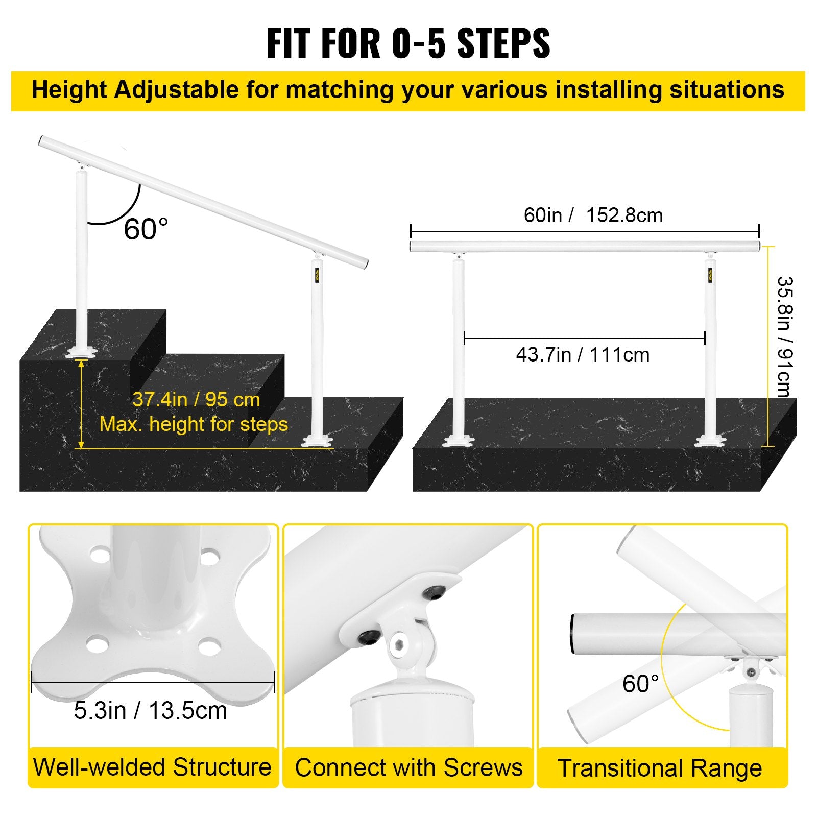 Outdoor Stair Railing Kit, 5 FT Handrails 0-5 Steps, Adjustable Angle White Aluminum Stair Hand Rail for The V952-SNLZSLZYGL5FTPDUBV0