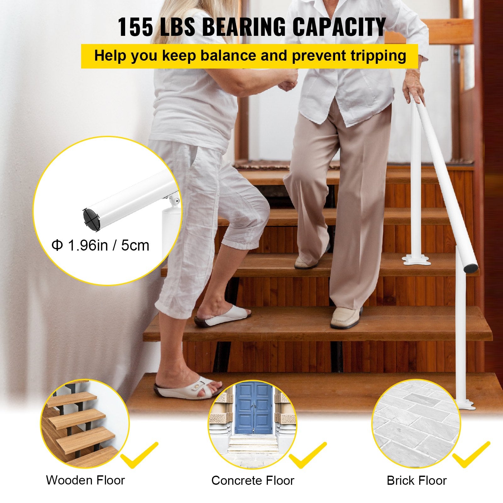 Outdoor Stair Railing Kit, 5 FT Handrails 0-5 Steps, Adjustable Angle White Aluminum Stair Hand Rail for The V952-SNLZSLZYGL5FTPDUBV0