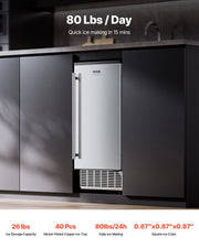 Undercounter Built-in Ice Maker, 80 Lbs/Day Under Counter Ice Maker Machine with Reversible Door Stainless V952-SNQRSZBJ80LBQY0EFV3