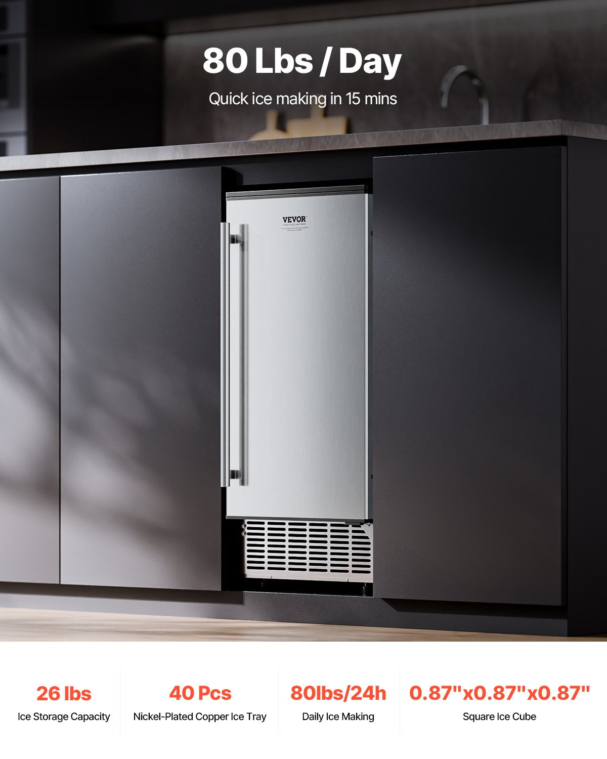 Undercounter Built-in Ice Maker, 80 Lbs/Day Under Counter Ice Maker Machine with Reversible Door Stainless V952-SNQRSZBJ80LBQY0EFV3