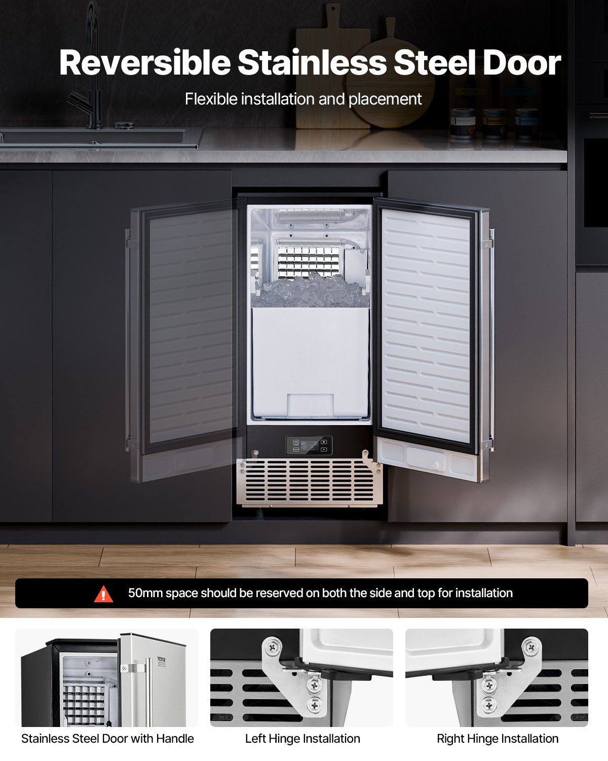 Undercounter Built-in Ice Maker, 80 Lbs/Day Under Counter Ice Maker Machine with Reversible Door Stainless V952-SNQRSZBJ80LBQY0EFV3