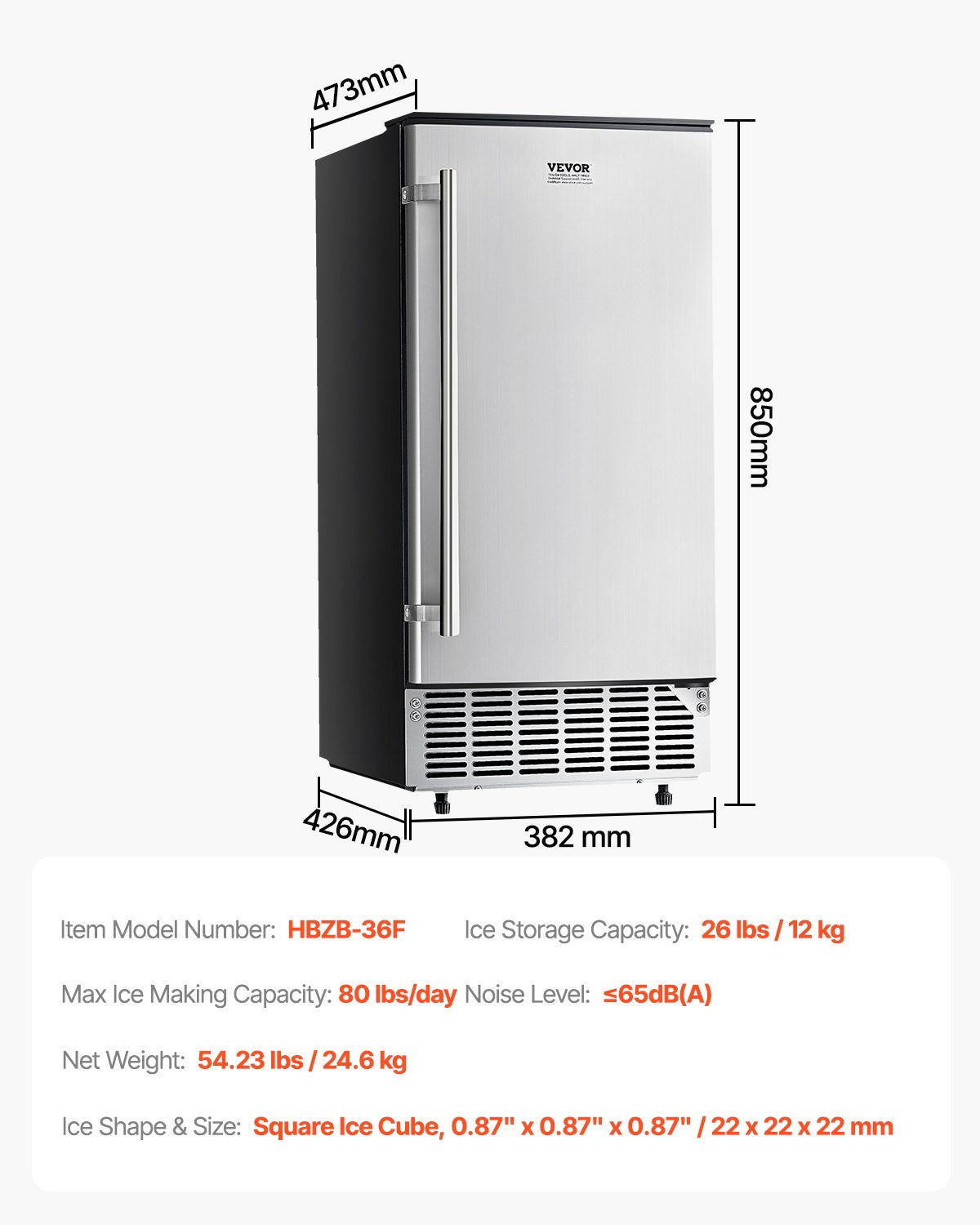 Undercounter Built-in Ice Maker, 80 Lbs/Day Under Counter Ice Maker Machine with Reversible Door Stainless V952-SNQRSZBJ80LBQY0EFV3