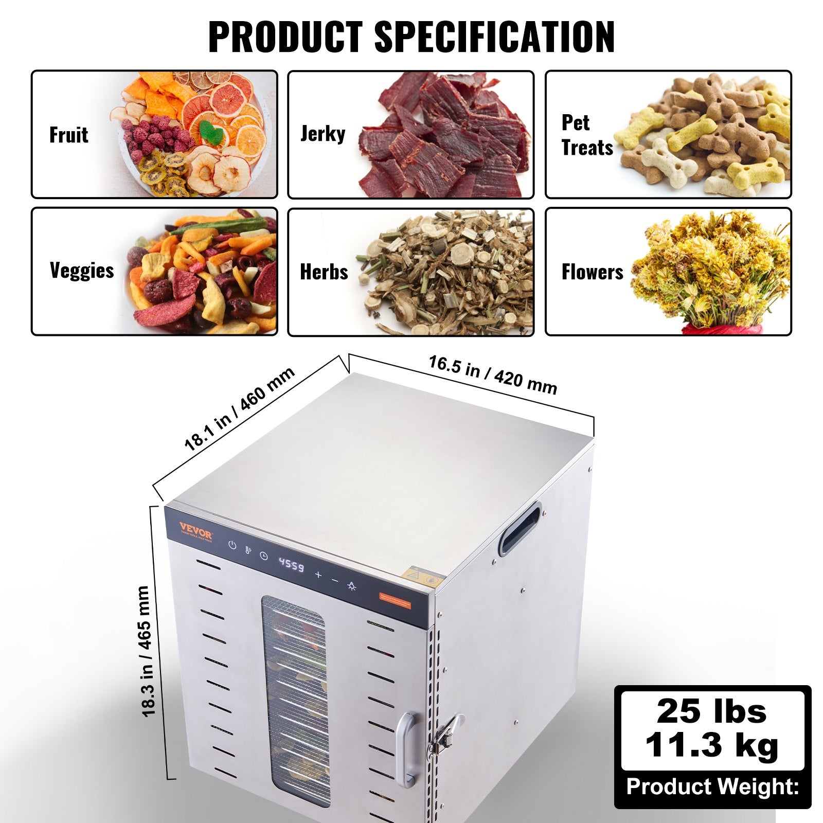 10 Trays Food Dehydrator Machine Stainless Steel 1000W Jerky Fruit Drying V952-SP1005481000WM6IMV3