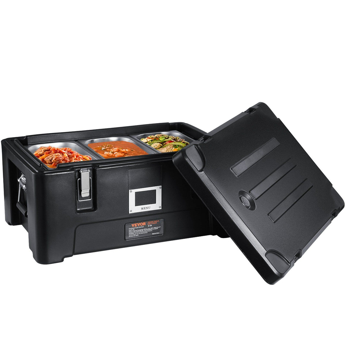 Insulated Food Pan Carrier, 36Qt Capacity, Stackable Catering Hot Box with 3 Stainless Steel Pans, Top Load V952-SPBW30-D1330LULKRV0