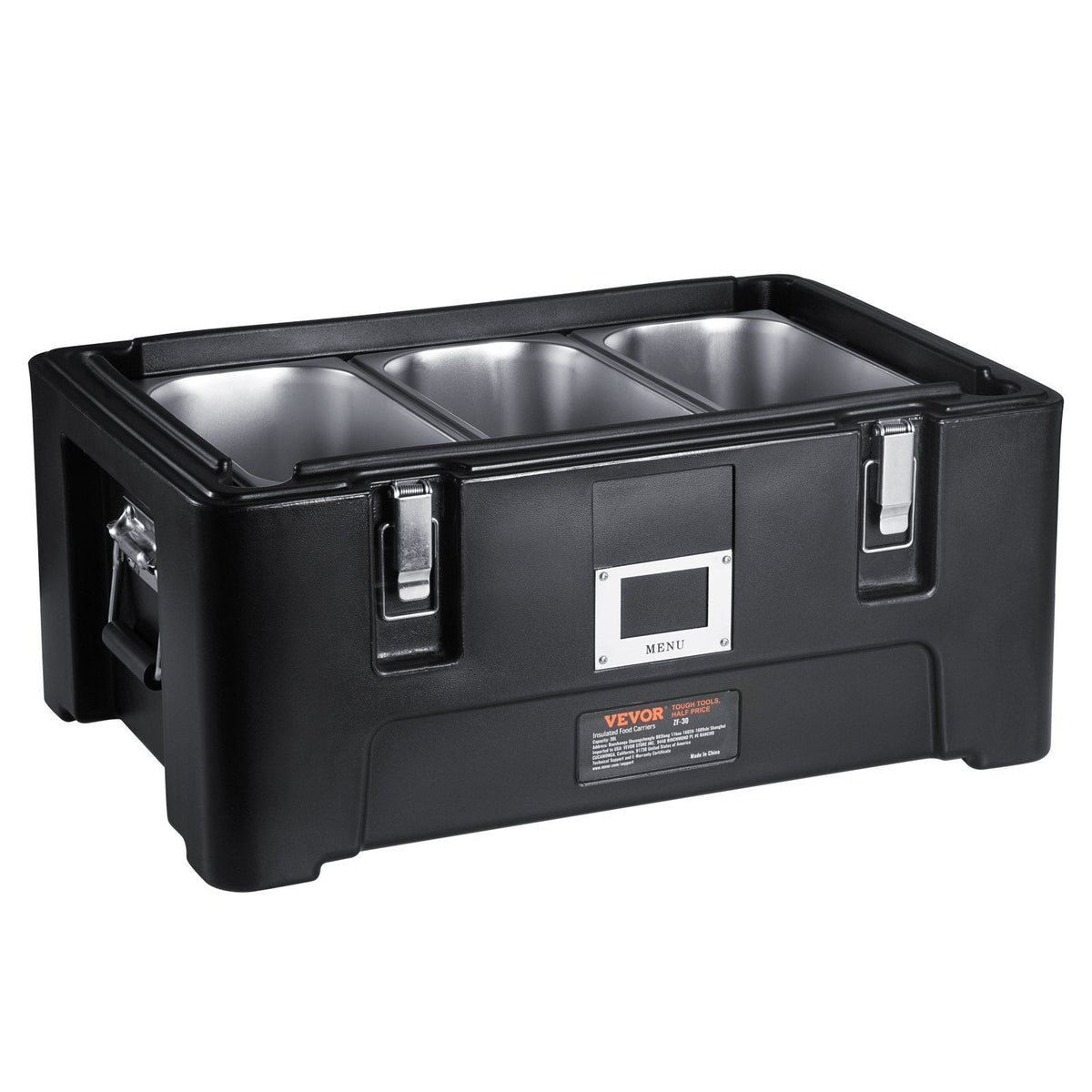 Insulated Food Pan Carrier, 36Qt Capacity, Stackable Catering Hot Box with 3 Stainless Steel Pans, Top Load V952-SPBW30-D1330LULKRV0