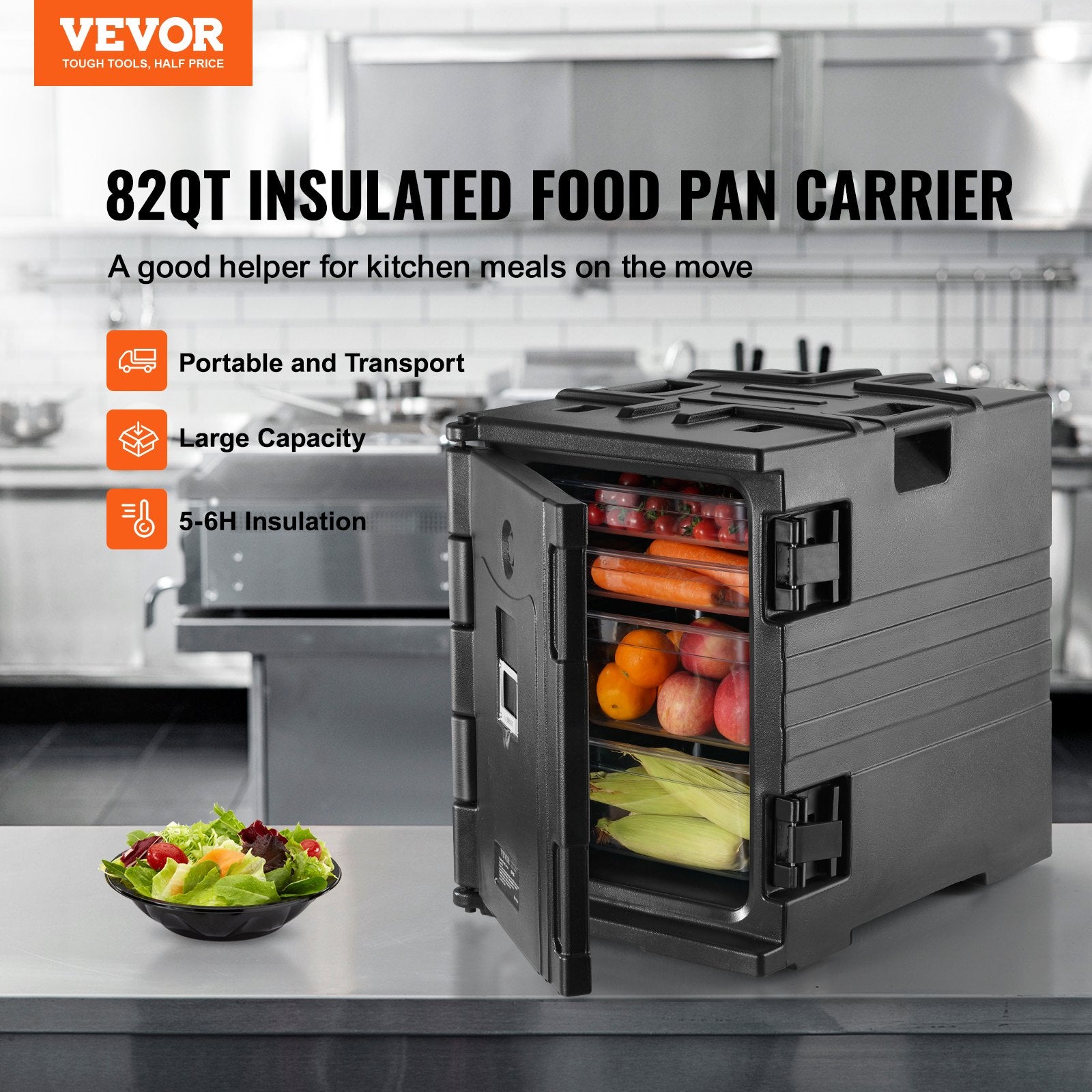 Insulated Food Pan Carrier, 82 Qt Hot Box for Catering, LLDPE Food Box Carrier w/ Double Buckles, Front V952-SPBWXH90-A90LR902V0