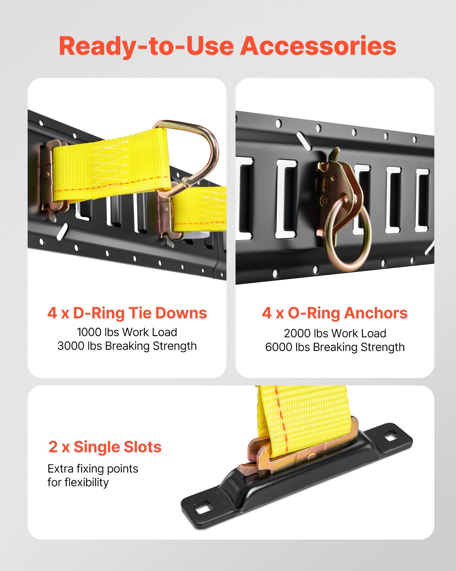 E-Track Tie-Down Rail Kit, 4 Pack 0.4 m E Tracks Set, 21 Pcs Includes 2 Ratchet Straps & 4 O-Rings & 4 V952-SPEXGD13FT15AAGQD001V0