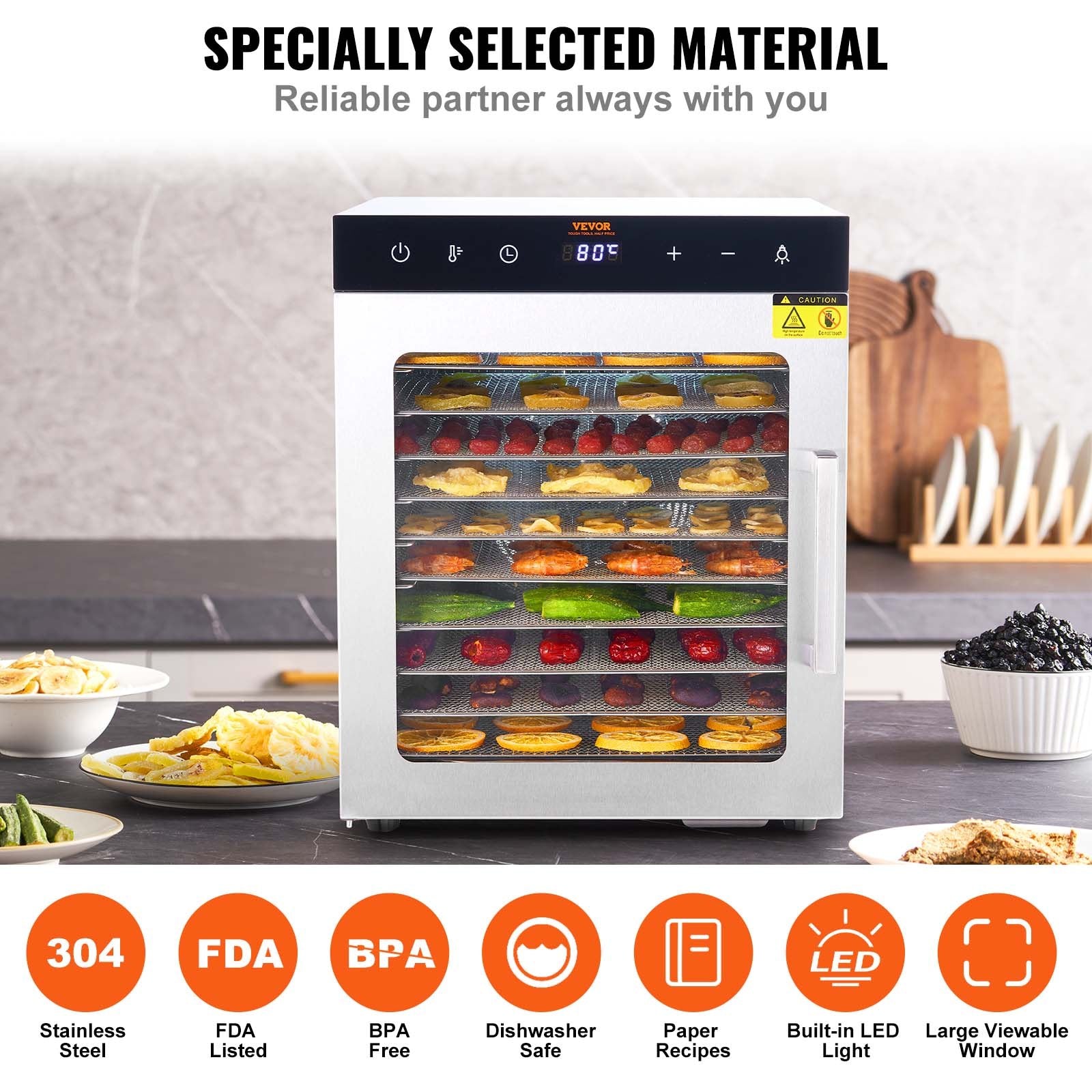 10 Trays Food Dehydrator Machine Stainless Steel 800W Jerky Fruit Drying V952-SPF100548800WDQGIV3