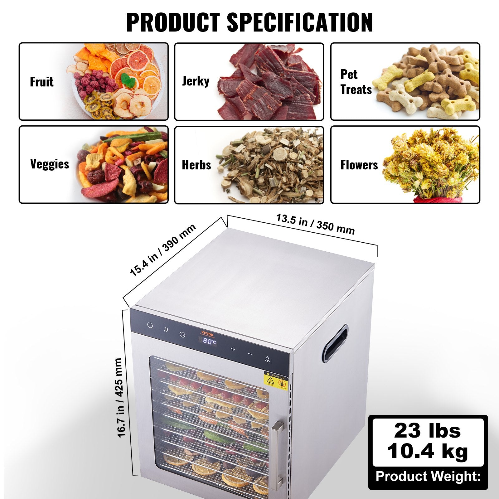 10 Trays Food Dehydrator Machine Stainless Steel 800W Jerky Fruit Drying V952-SPF100548800WDQGIV3