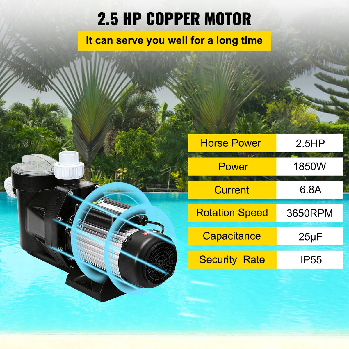 Swimming Pool Filter Pump 2.5HP, 1850W Swimming Pool Pump 148GPM, Single Speed Filter for Spa Water V952-SPP250EYYCB000001V3