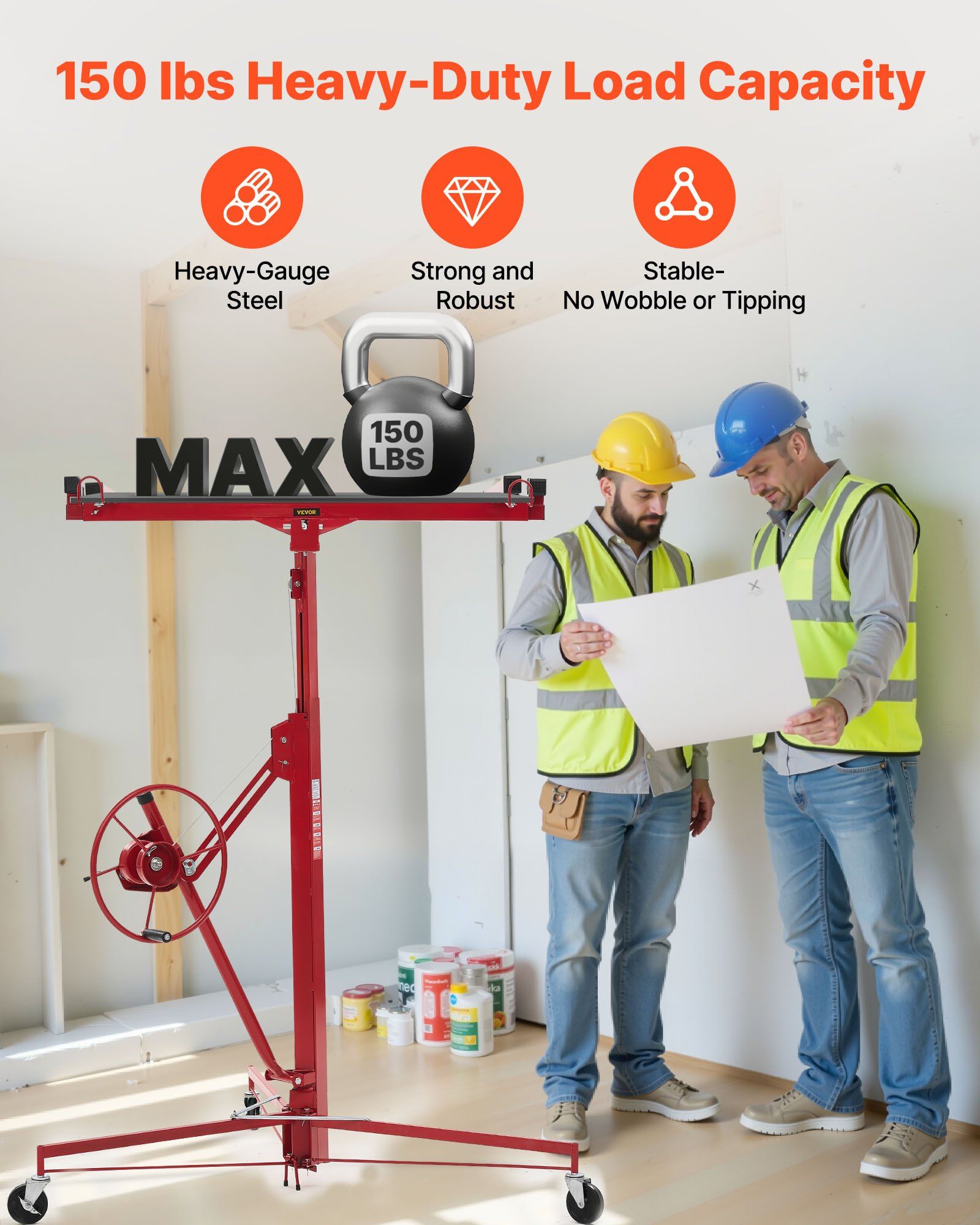 3353mm Drywall Lift, Heavy-Duty 68 kg Sheetrock Hoist with Adjustable Telescoping Arm, Lockable Wheels, V952-SPSJJHS95FT18ZSYP001V0