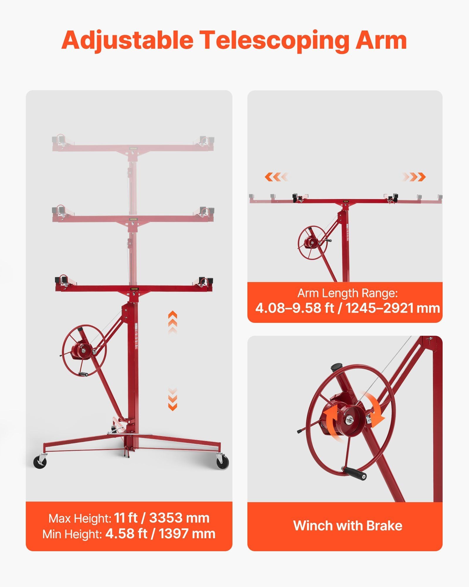 3353mm Drywall Lift, Heavy-Duty 68 kg Sheetrock Hoist with Adjustable Telescoping Arm, Lockable Wheels, V952-SPSJJHS95FT18ZSYP001V0