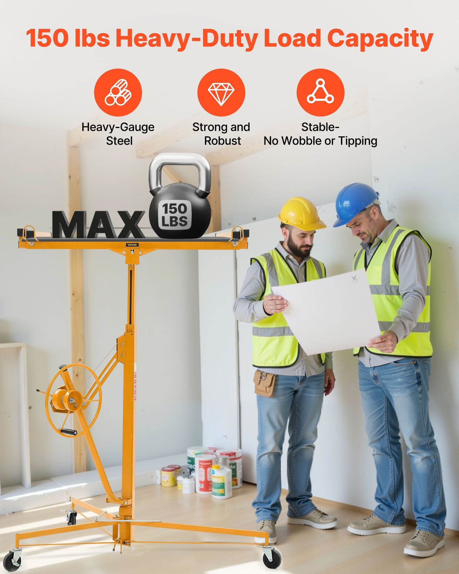 3353mm Drywall Lift, Heavy-Duty 68 kg Sheetrock Hoist with Adjustable Telescoping Arm, Lockable Wheels, V952-SPSJJHS95FT1QDU00001V0