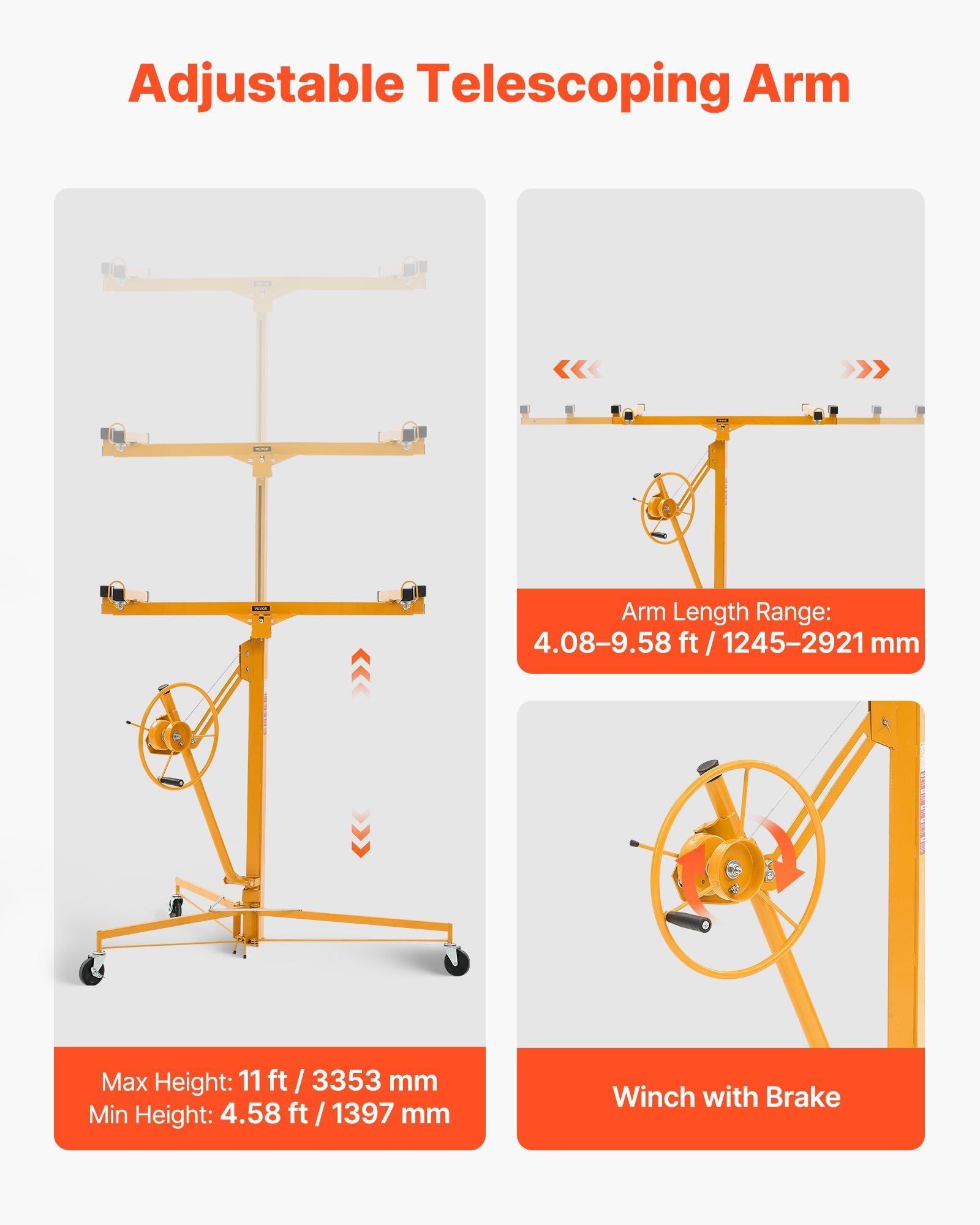 3353mm Drywall Lift, Heavy-Duty 68 kg Sheetrock Hoist with Adjustable Telescoping Arm, Lockable Wheels, V952-SPSJJHS95FT1QDU00001V0