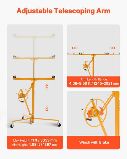 3353mm Drywall Lift, Heavy-Duty 68 kg Sheetrock Hoist with Adjustable Telescoping Arm, Lockable Wheels, V952-SPSJJHS95FT1QDU00001V0