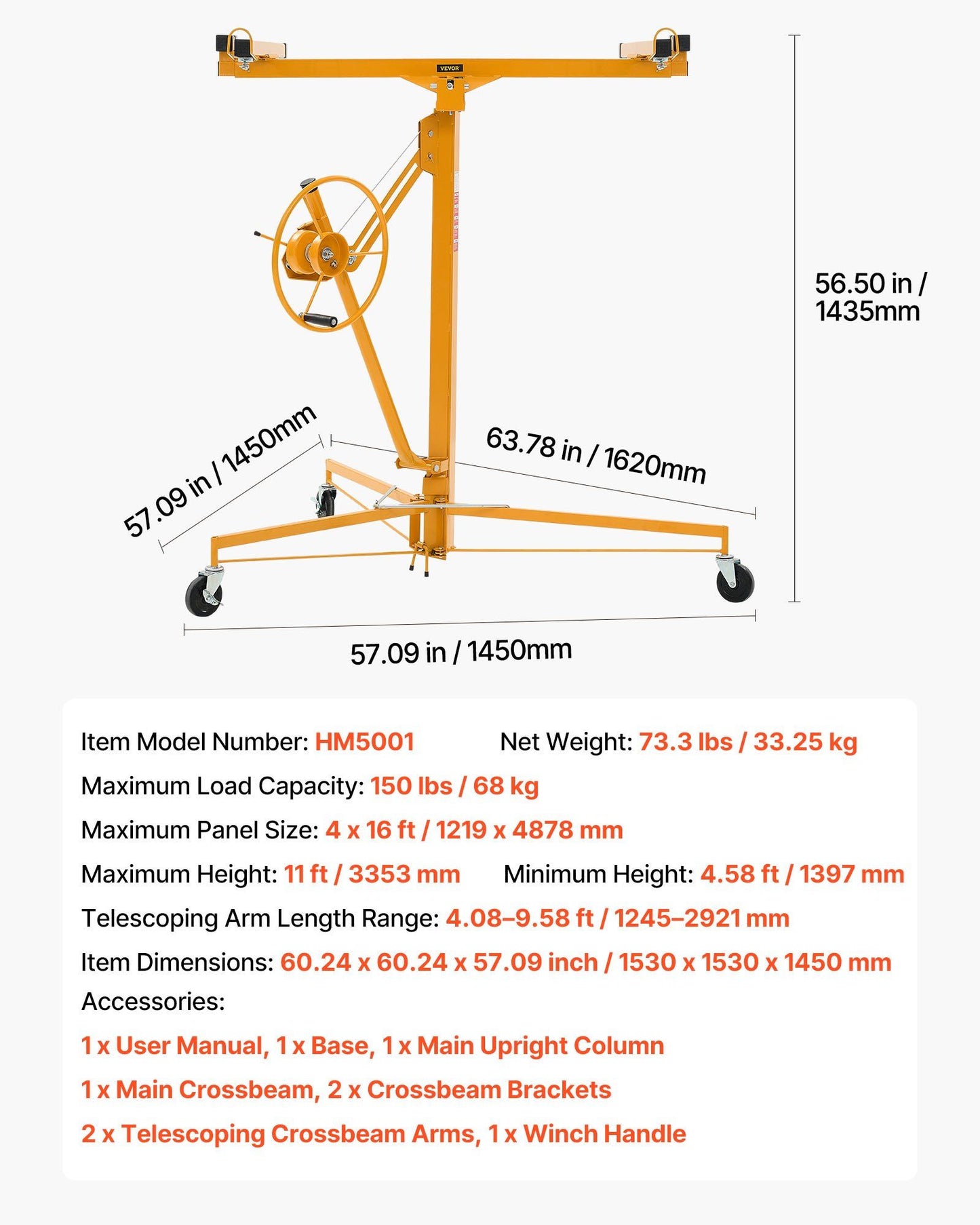 3353mm Drywall Lift, Heavy-Duty 68 kg Sheetrock Hoist with Adjustable Telescoping Arm, Lockable Wheels, V952-SPSJJHS95FT1QDU00001V0